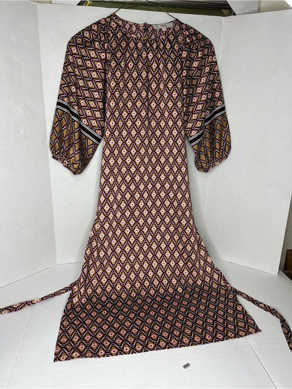 LOFT Geometric Midi Dress in Brown and Pink